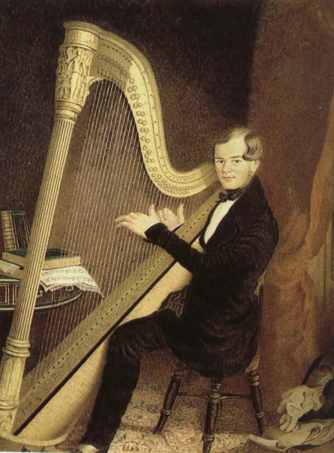 an early 19th century pedal harp player